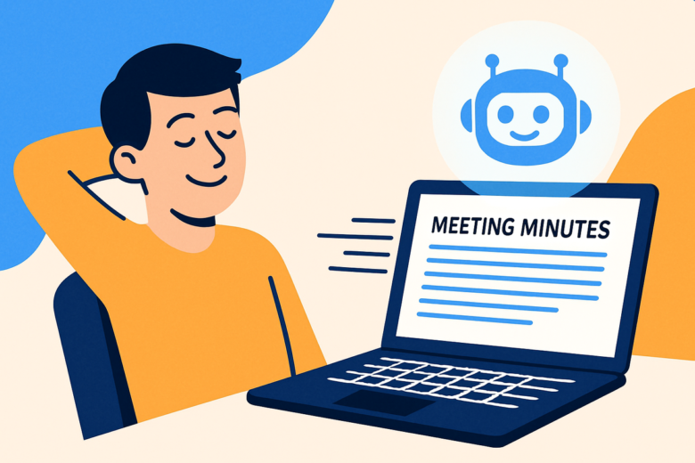 AIエージェントManusによる議事録作成の自動化でリラックスするビジネスパーソンのイラスト