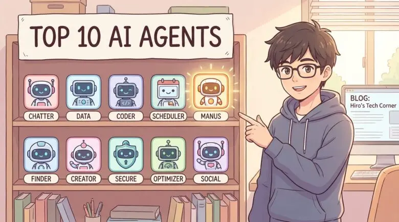 笑顔のヒロ（ブログ著者）が、たくさんのAIエージェントのアイコンの中から、Manusのアイコンを指し示しているイラスト。「おすすめはこれ！」というメッセージを強調。親しみやすいタッチ。