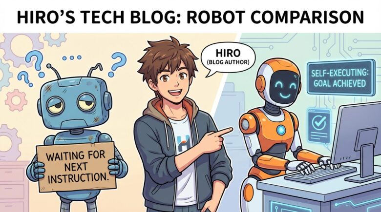 笑顔のヒロ（ブログ著者）が、疲れた様子のChatGPT（指示待ちで何度も質問しているイメージ）と、テキパキと仕事をこなすAIエージェント（Manus）を比較しているイラスト。親しみやすいタッチ。