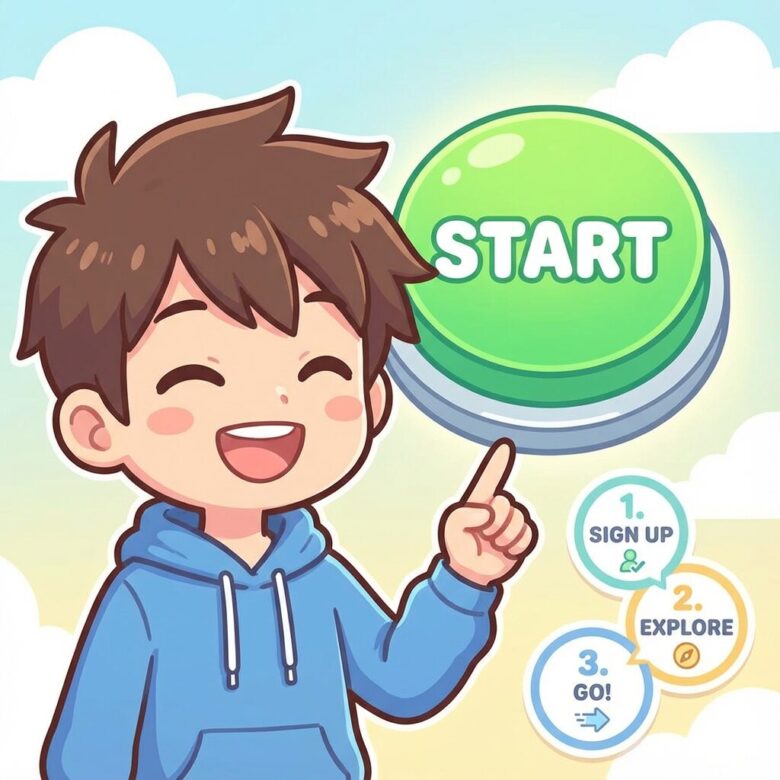 笑顔のヒロ（ブログ著者）が、Manusの登録画面を指し示し、「たった3ステップ！」と説明しているイラスト。親しみやすいタッチで、登録の簡単さを強調。