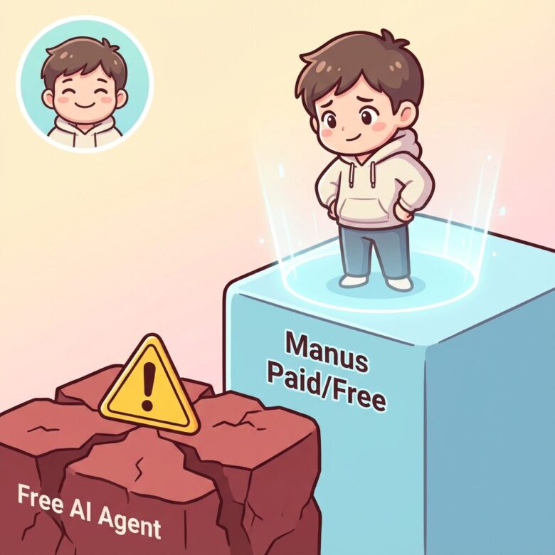 笑顔のヒロ（ブログ著者）が、無料のAIエージェントの「落とし穴」を指し示し、有料のManusの安全性を強調しているイラスト。親しみやすいタッチ。