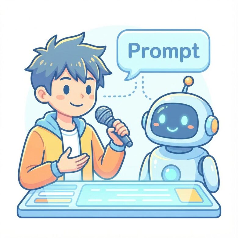 笑顔のヒロ（ブログ著者）が、AIへの「お願いの仕方」を説明しているイラスト。親しみやすいタッチで、プロンプトの簡単さを強調。