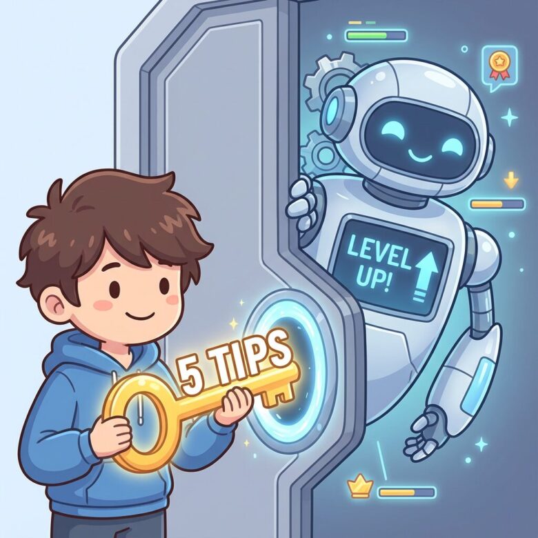 笑顔のヒロ（ブログ著者）が、プロンプト作成の5つのコツを指し示し、AIが賢くなる様子を表現しているイラスト。親しみやすいタッチ。