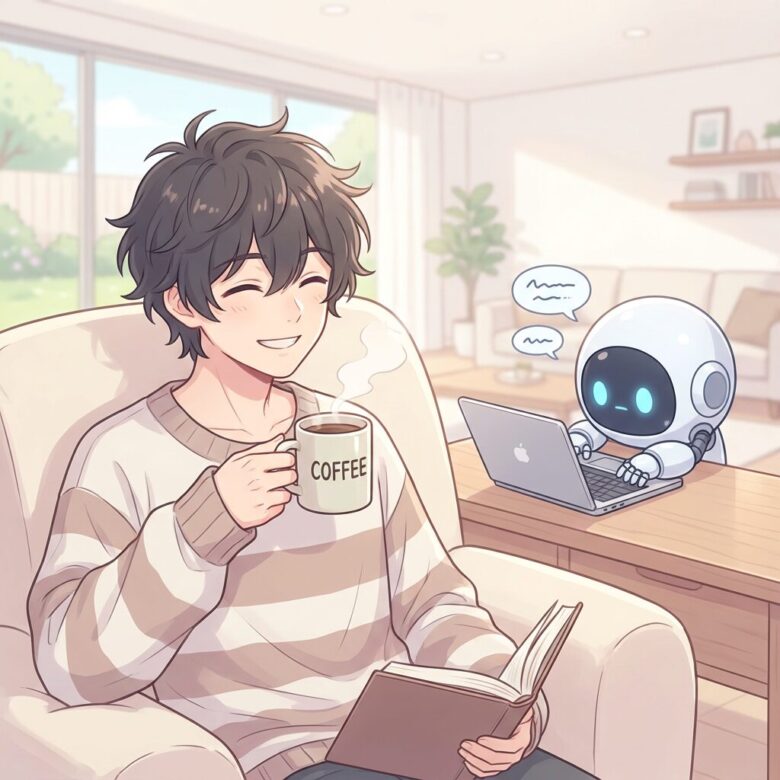 笑顔のヒロ（ブログ著者）が、AIエージェントManusを使って、パソコンの前でリラックスしているイラスト。ブログ運営がラクになった様子を表現。