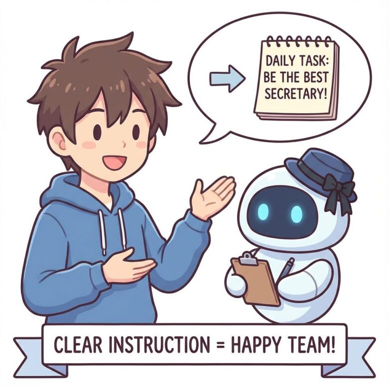 笑顔のヒロ（ブログ著者）が、AIエージェントManusを最高の秘書として使いこなしている様子を表現したイラスト。