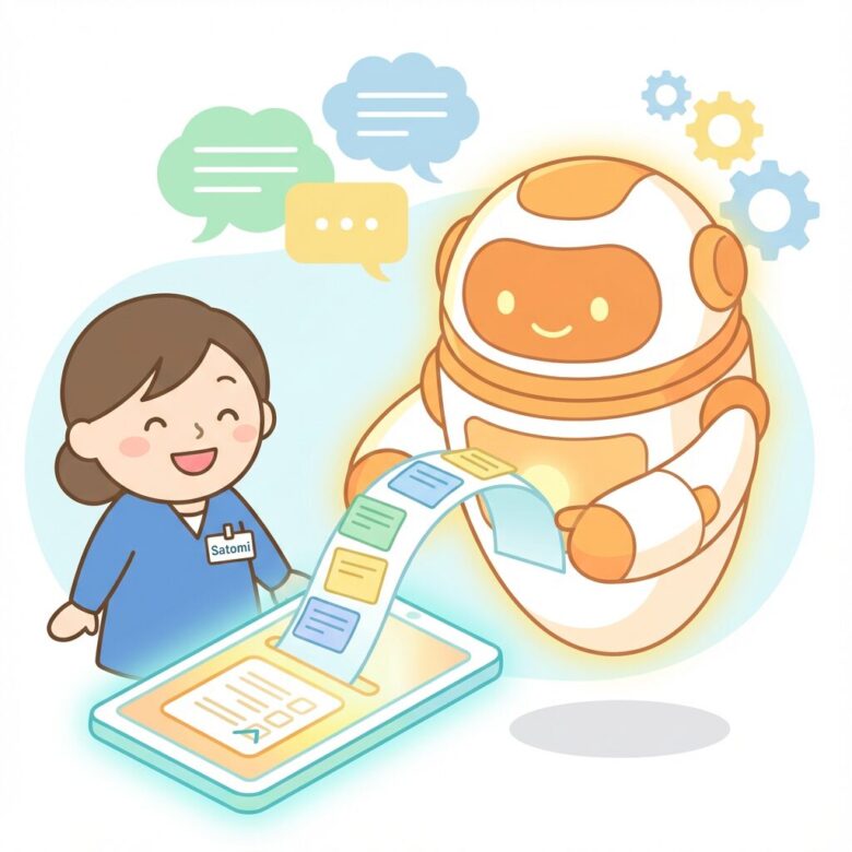 笑顔の里美とAIロボットManusが、タスク（カラフルなカード）をスマートフォン上の整理されたリスト（Todoist）に流し込み、タスク管理を自動化しているイラスト。