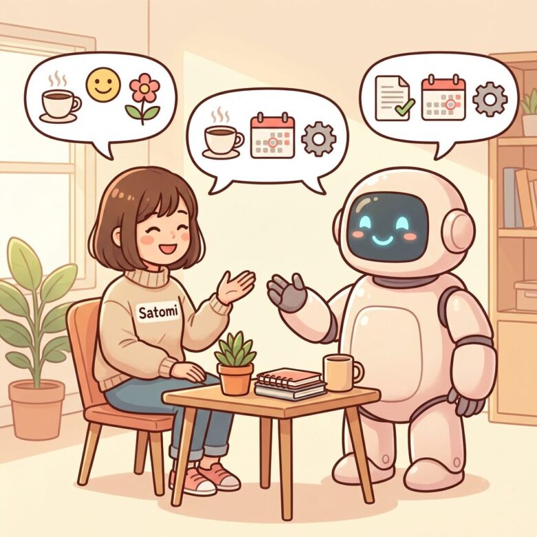 笑顔の里美とAIロボットManusが、親しげに会話しているイラスト。Manusの頭上には、仕事とプライベートのタスクが混ざった吹き出しが浮かんでいる。