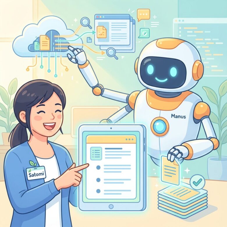 笑顔の里美とAIロボットManusが、たくさんの情報が書かれた書類や本を整理し、要点をまとめているイラスト。Manusの周りには、検索や情報収集のアイコンが浮かんでいる。