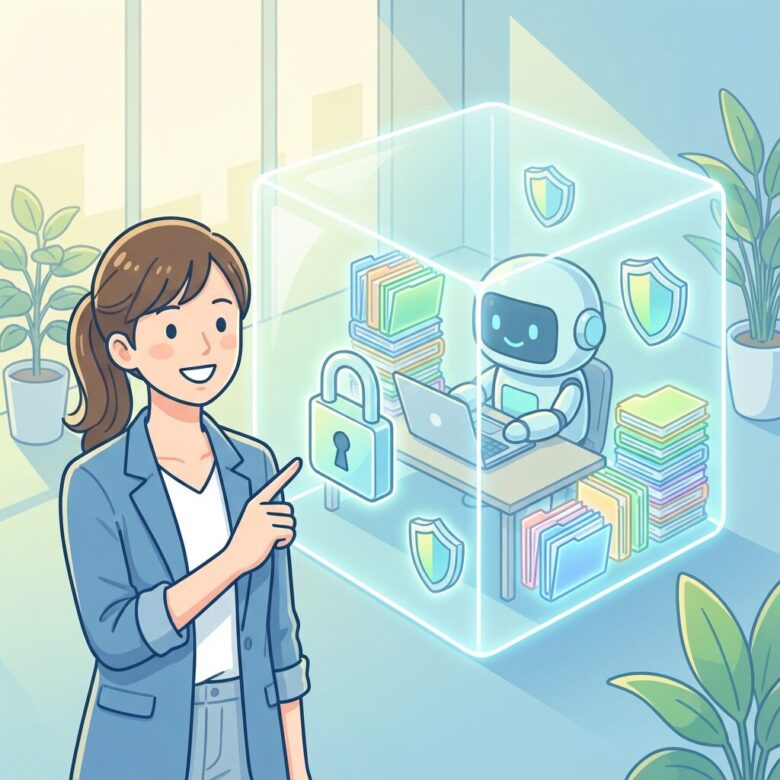 笑顔の里美とAIロボットManusが、鍵のかかった透明な箱（サンドボックス）の中で安全にお仕事をしているイラスト。Manusは安全マークのついた書類を持っている。