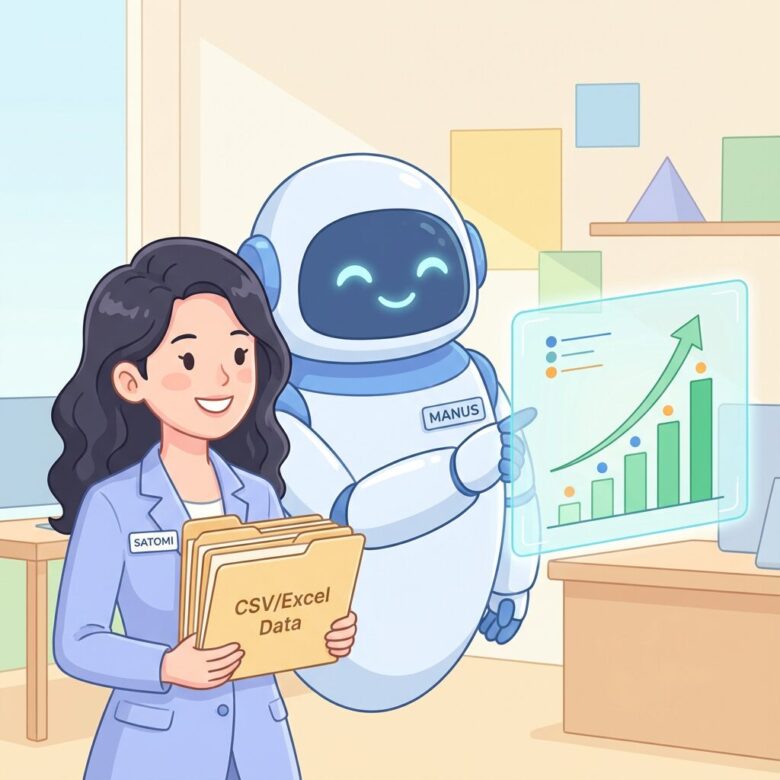 笑顔の里美とAIロボットManusが、大量のCSV/Excelデータ（ファイルアイコン）を読み込み、タブレットに表示された美しいグラフと「経営判断」の文字を指さしているイラスト。