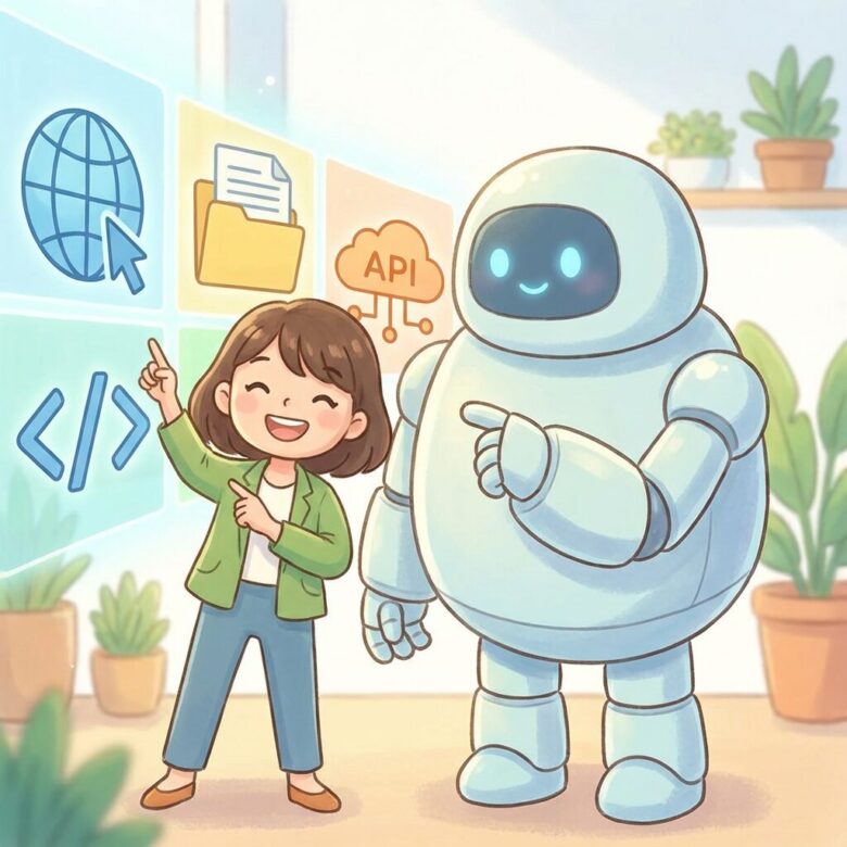 笑顔の里美とAIロボットManusが、Webブラウザ、ファイル、コード、APIなど様々なツールのアイコンが描かれたパネルを指さしているイラスト。