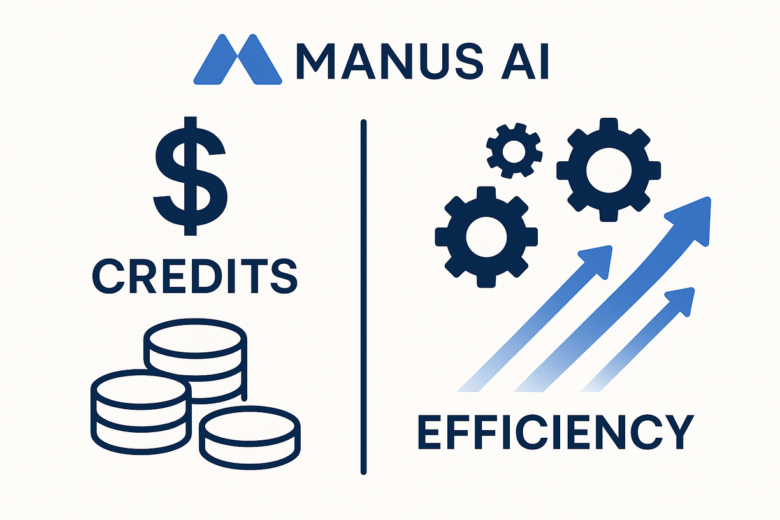 Manus AIの料金体系とクレジットの効率的な使い方をテーマにしたアイキャッチ画像。左側に「$」マークと「クレジット」のアイコンが並び、右側に「効率化」を象徴する歯車や矢印のアイコンが配置されている。全体的に青と白を基調とした、クリーンでプロフェッショナルなデザイン。