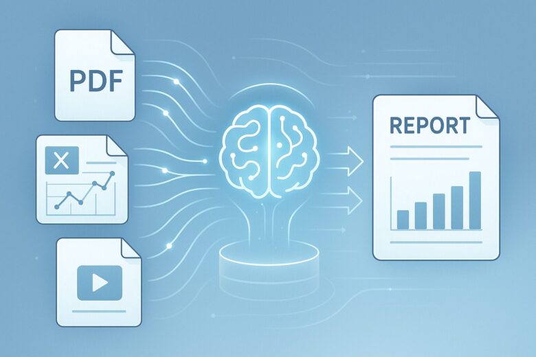 Manus AIエージェントが、様々なファイル（PDF, Excel, 動画など）を処理し、成果物を生成しているイメージ図