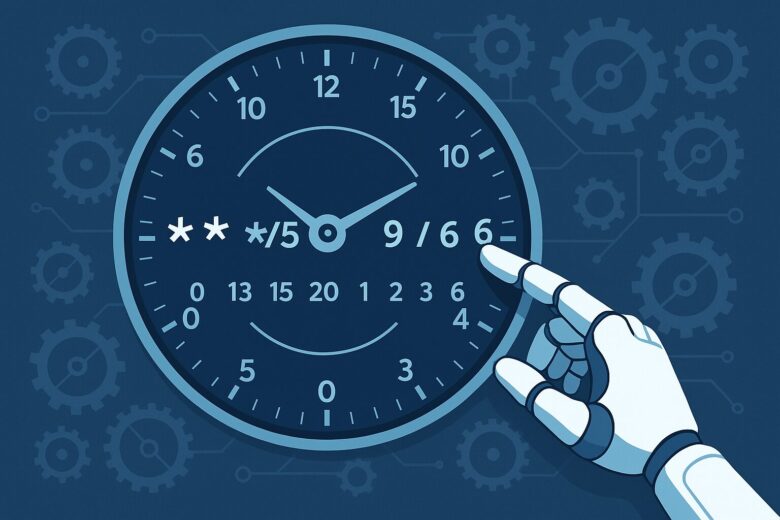 AIエージェントのロボットアームが、cron形式の数字が刻まれた時計の針を操作し、精密なスケジュールを設定している様子を示す、未来的なイラスト。