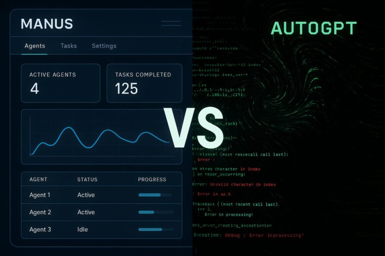 ManusとAutoGPTの比較。左は安定したUIのManus、右は不安定なコードのAutoGPT。