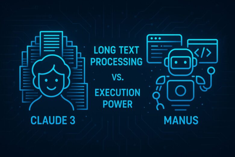 ManusとClaude 3の機能比較を示す、二つの異なるAIのアイコンが対比されたデザイン。