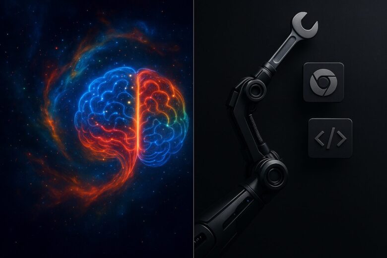 Geminiの「創造性・知識」とManusの「実行力・ツール」の対比を表現した、未来的なスプリットデザイン。左側は知識を象徴する脳のネビュラ、右側は実行力を象徴するロボットアームとツールアイコン。