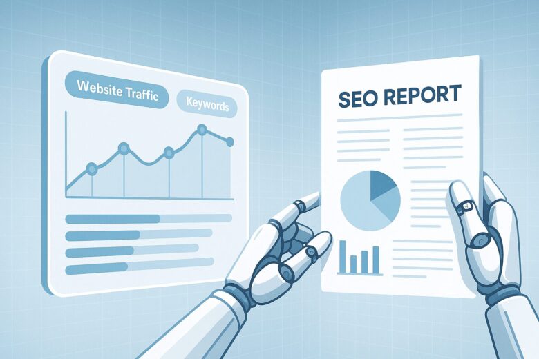 ロボットの手（Manus）が、ウェブサイトのトラフィックグラフとキーワードデータを示すデジタル画面を見ながら、「SEO REPORT」と書かれた分析レポートを作成している様子。SEO分析の自動化とデータ活用を象徴するイラスト。