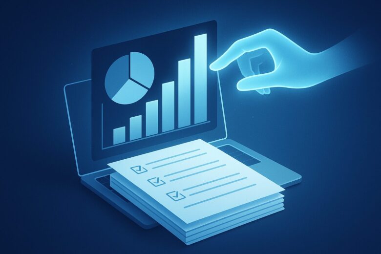 AIエージェントManusがノートパソコン上でアンケート結果の棒グラフと円グラフを操作し、データ分析を自動化している様子を示す未来的なイラスト。