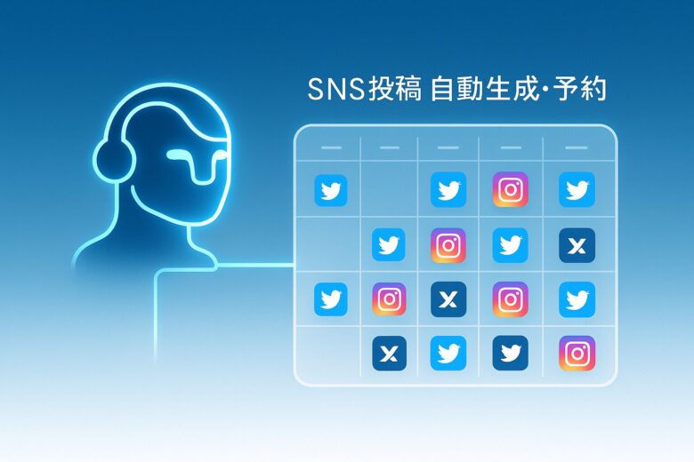 AIエージェントManusがSNS投稿の自動生成 と予約投稿をスケジュール管理している様子 を示す、未来的なイラスト。