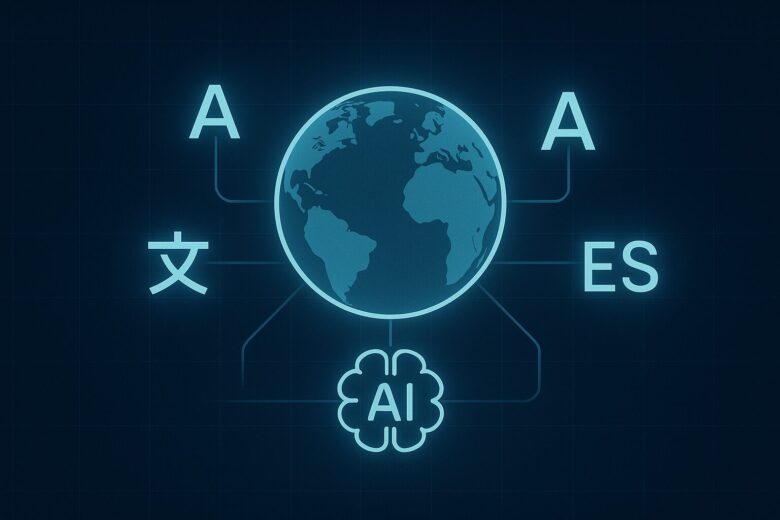 Manus AIが地球儀と多言語のシンボルを接続し、多言語対応とローカライズを自動化しているイメージ