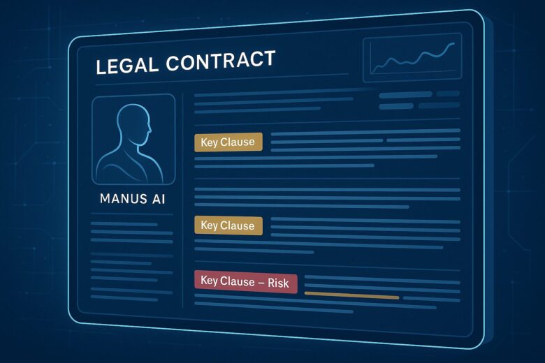 Manus AIによる契約書の自動レビュー画面。重要な条項がハイライトされ、リスクが検出されている様子。
