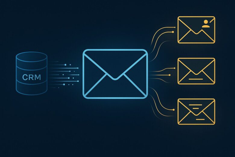 CRMデータベースからAIエージェントManusを経由し、複数のパーソナライズされたメールが顧客に自動配信される様子を示す、青と金のハイテクなイラスト。