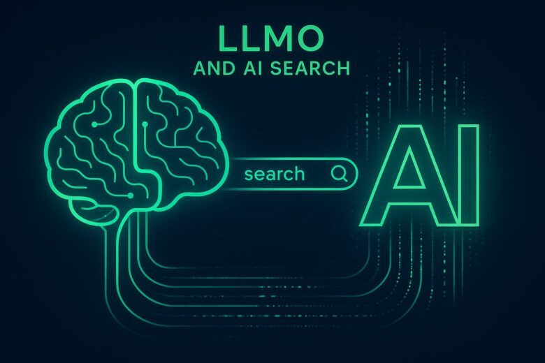 LLMO（大規模言語モデル最適化）とAI検索の戦略を示す、脳と検索バー、AIの文字が描かれた未来的なイラスト