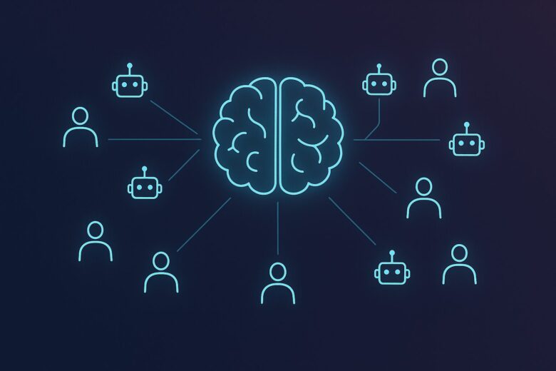 AIエージェントがもたらす仕事の未来を象徴する、人間とAIが協働する未来的なイメージ