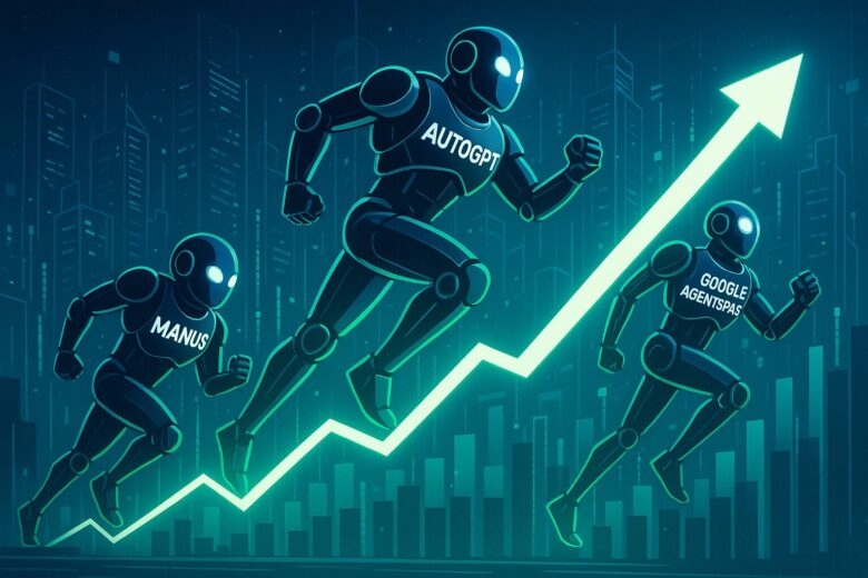 AIエージェント市場の成長グラフを駆け上がるManus、AutoGPT、Google Agentspaceなどのロボット。市場の競争と成長を象徴する未来的なイラスト。