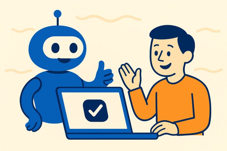Manusのロボットとユーザーが笑顔でパソコンを見ているイラスト。AIエージェントの簡単な始め方を表現。