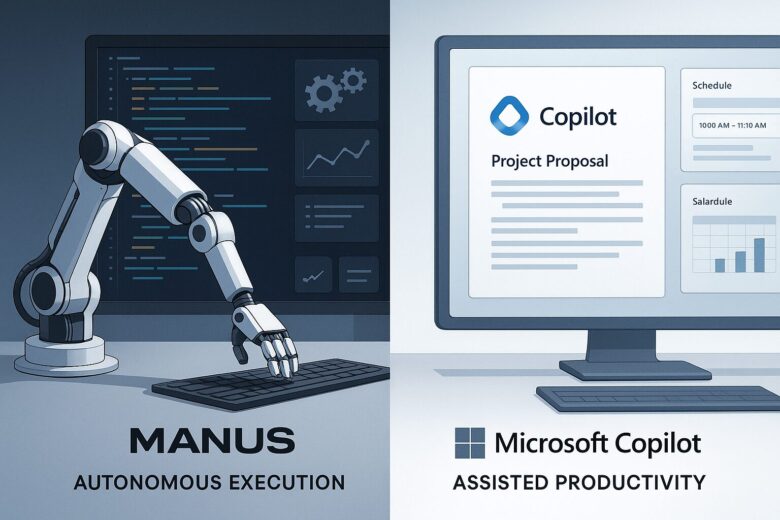 ManusとMicrosoft Copilotのロゴが対比され、それぞれの機能（支援型 vs 自律実行型）を示す図解イラスト