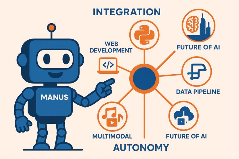 Manusの5つのコア能力（Web開発、Python、マルチモーダル、データパイプライン、AIの未来）が統合された図