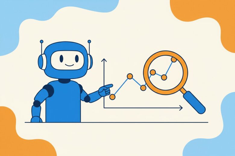 青いロボットキャラクター（Manus）が、競合他社の価格変動を示すグラフを指し示しているイラスト。価格追跡の自動化と戦略的な意思決定を表現。