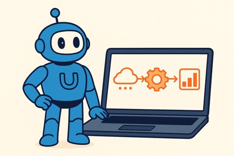 青いロボットキャラクター（Manus）が、データ収集、加工、レポート生成の3ステップからなる自動化データパイプラインを構築しているイラスト。