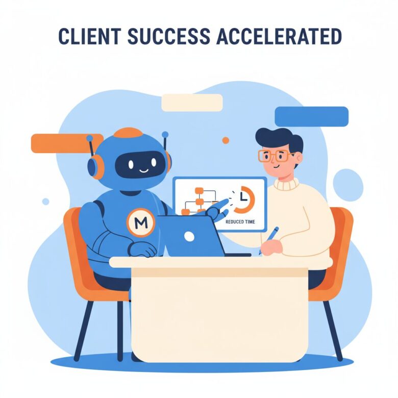 青いロボットキャラクター（Manus）が、フリーランスの人間と並んでデスクで作業しており、画面にはフローチャートと「REDUCED TIME」と書かれた時計が表示されているイラスト。クライアントワークの効率化を表現。