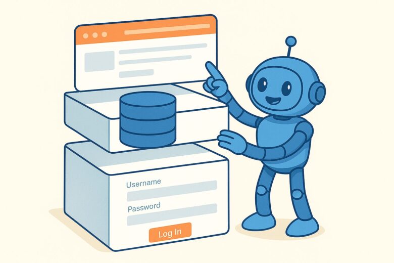 青いロボットキャラクター（Manus）が、ログイン画面、データベース、アプリケーション機能の3層構造を持つフルスタックアプリケーションを構築しているイラスト。迅速なWeb開発を表現。
