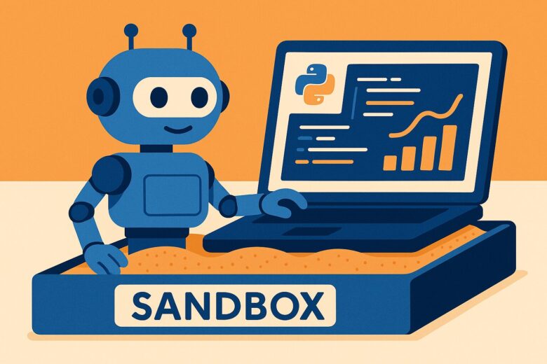 Manusロボットがサンドボックス環境でPythonコードを実行し、データ分析を行っているイラスト