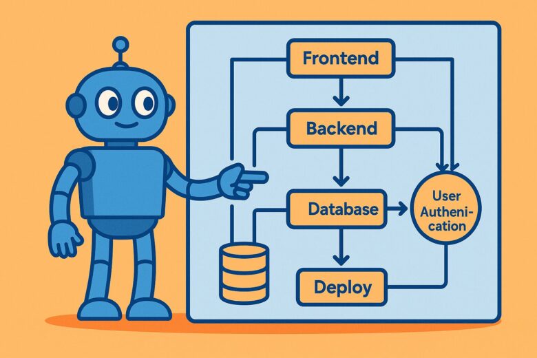 ManusロボットがWeb開発のフローチャート（フロントエンド、バックエンド、データベース、デプロイ）を指し示しているイラスト