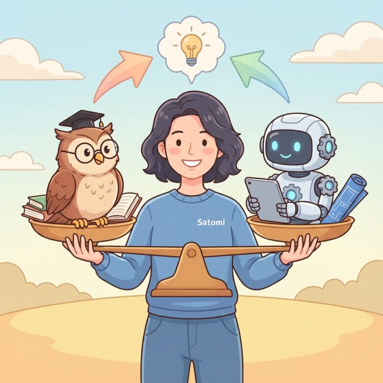 笑顔の里美が、図書館の司書のようなPerplexity AIと、プロジェクトマネージャーのようなManusを天秤にかけて、どちらを選ぶか考えているイラスト。