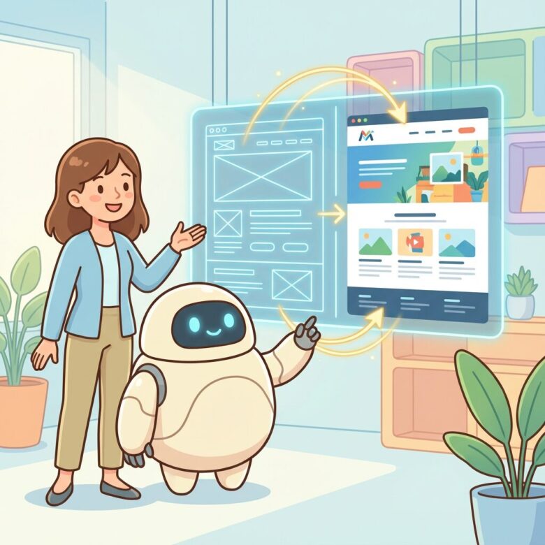 笑顔の里美とAIロボットManusが、設計図（ワイヤーフレーム）から光の線が伸び、美しいWebサイトの画面が構築されていく様子を指さしているイラスト。