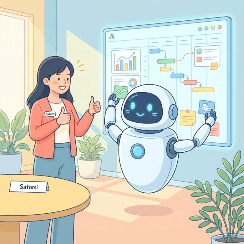 笑顔の里美が、プロジェクトマネージャーとして采配を振るうAIロボット（Manus）に、信頼を込めて指示を出しているイラスト。