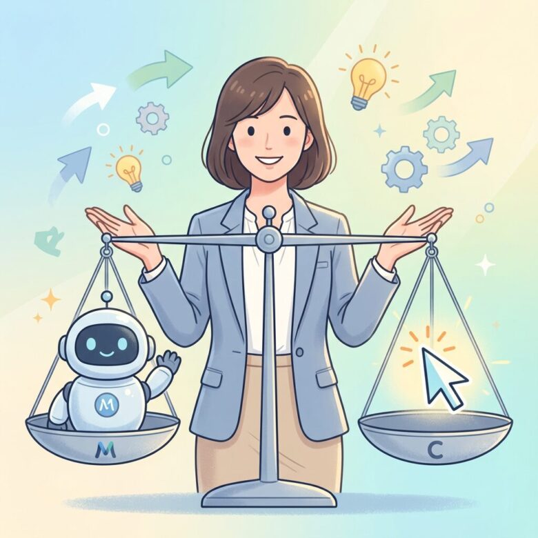 笑顔の里美が、AI開発ツール「Cursor」（スタイリッシュなカーソルアイコン）と自律実行AI「Manus」（親しみやすいロボット）を天秤にかけ、どちらを選ぶべきか比較検討しているイラスト。