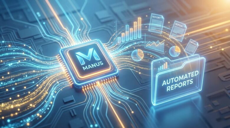 ManusのAIチップが中央に配置され、そこから自動で生成されたグラフ（棒グラフ、折れ線グラフ、円グラフ）とレポート文書が流れ出ている未来的なイラスト。青とオレンジの明るい配色。