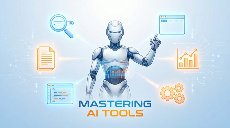 未来的なAIロボットが中央に立ち、周囲に虫眼鏡、ドキュメント、ブラウザ、グラフ、コードエディタ、歯車などのツールアイコンが浮かんでいるイラスト。青とオレンジの光で輝き、AIに武器を与えるコンセプトを表現。