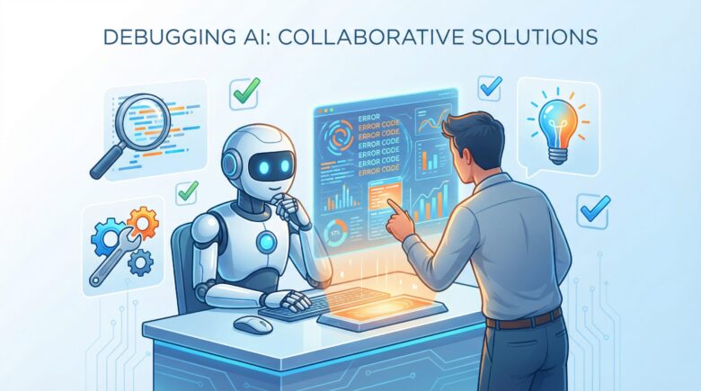 AIロボットと人間が協力して、ホログラム画面に表示されたエラーを解決しようとしているイラスト。「デバッグ思考」と「協働」のコンセプトを表現。