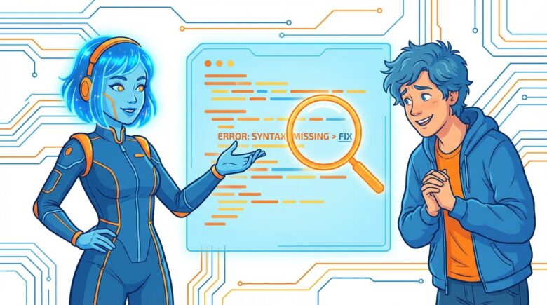 AIアシスタントのサトミ（青い髪の親しみやすい女性）が、ユーザーと一緒に透明なスクリーン上のエラーコードを虫眼鏡で調査し、解決策を指し示している未来的なイラスト。ユーザーは安心した表情。青とオレンジの配色。