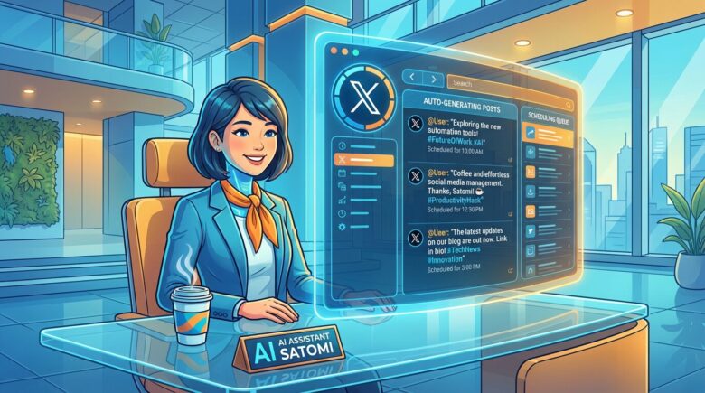 AIアシスタントのサトミが、未来的なオフィスでリラックスしながら、透明なスクリーンに表示されたX（旧Twitter）の投稿が自動生成・予約されていく様子を眺めているイラスト。SNS運用の自動化による快適さを表現。