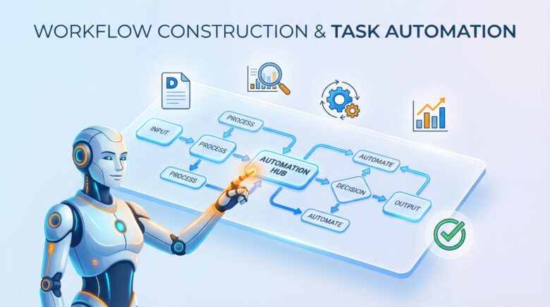 AIロボットが、未来的なフローチャート（ワークフローの設計図）を指し示しているイラスト。タスクの分解と自動化のコンセプトを表現。