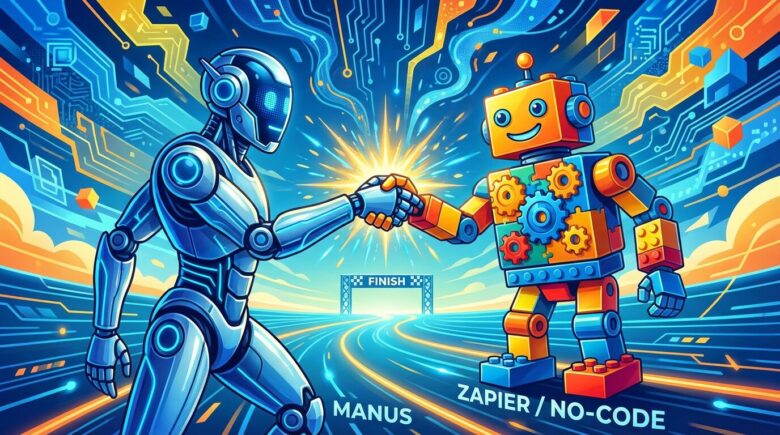未来的なAIロボット（Manus）と、カラフルなブロックでできたロボット（Zapier）が、レーストラック上で友好的に握手しているイラスト。「自動化対決」というテーマをポジティブに表現。